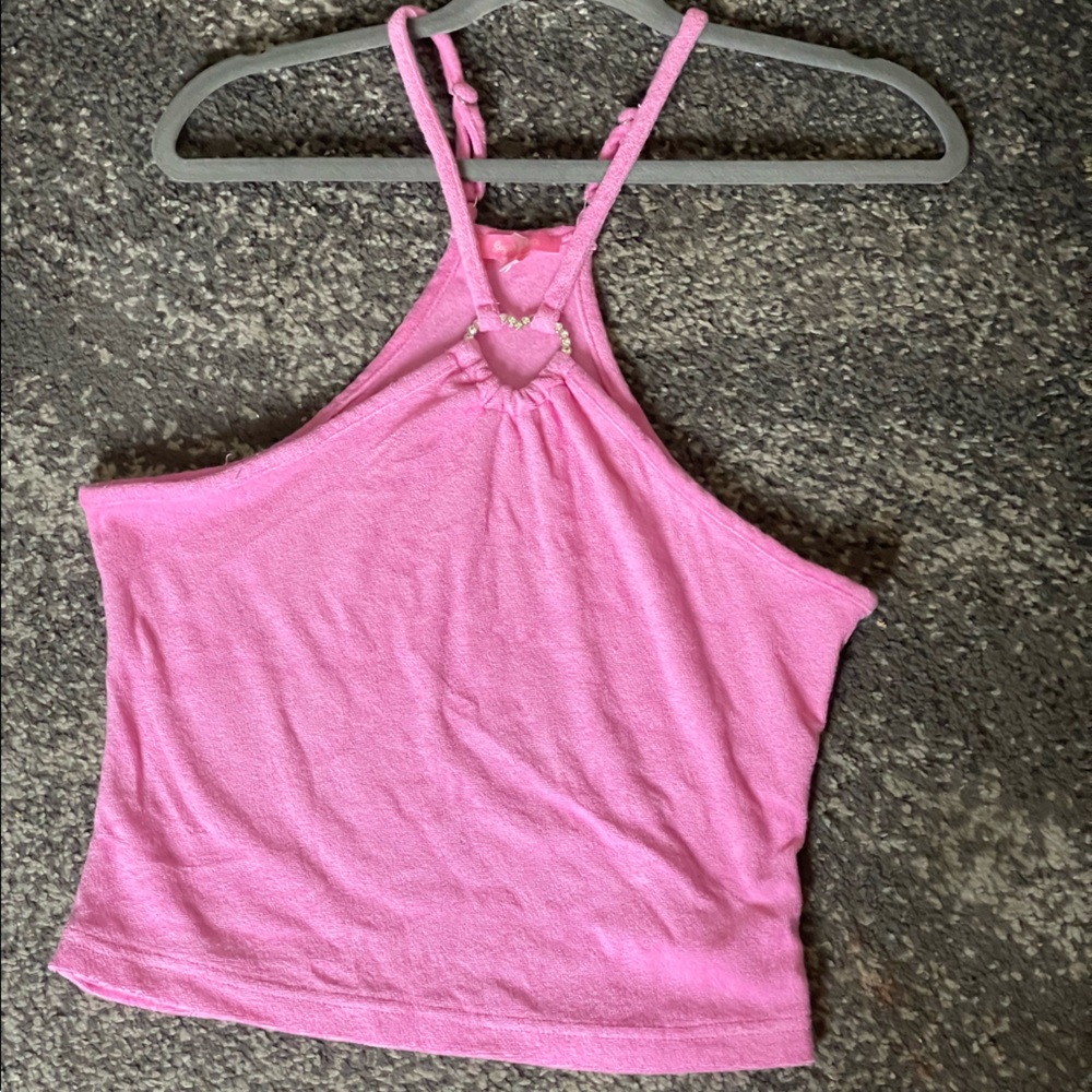 Vintage Terry Cloth Pink Cropped Halter Top w silver embellished heart ring